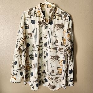 Natural Issue Fly Fishing Printed Buttondown Long Sleeve Cotton Shirt-Size XL
